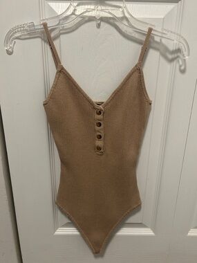 Ribbed Tan Bodysuit with Gold Buttons